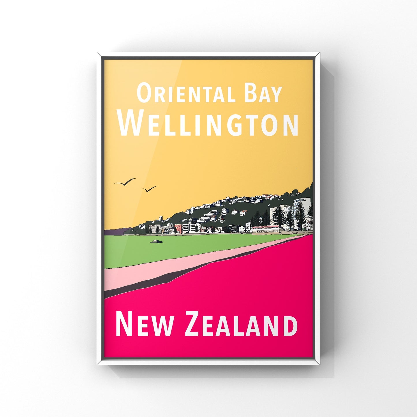 Oriental Bay Art Print - in Yellow and Pink