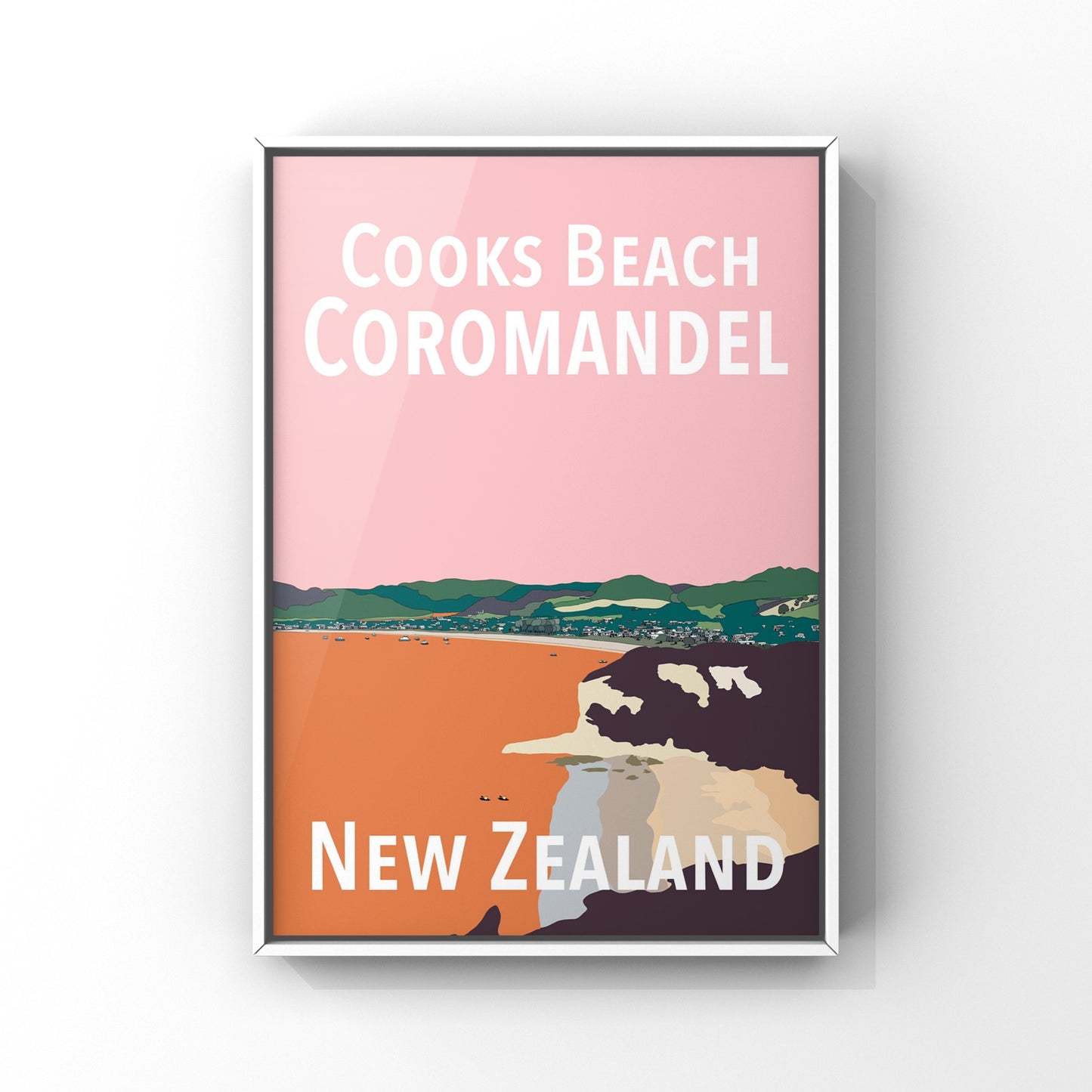 Cooks Beach Art Print - in Pink and Orange