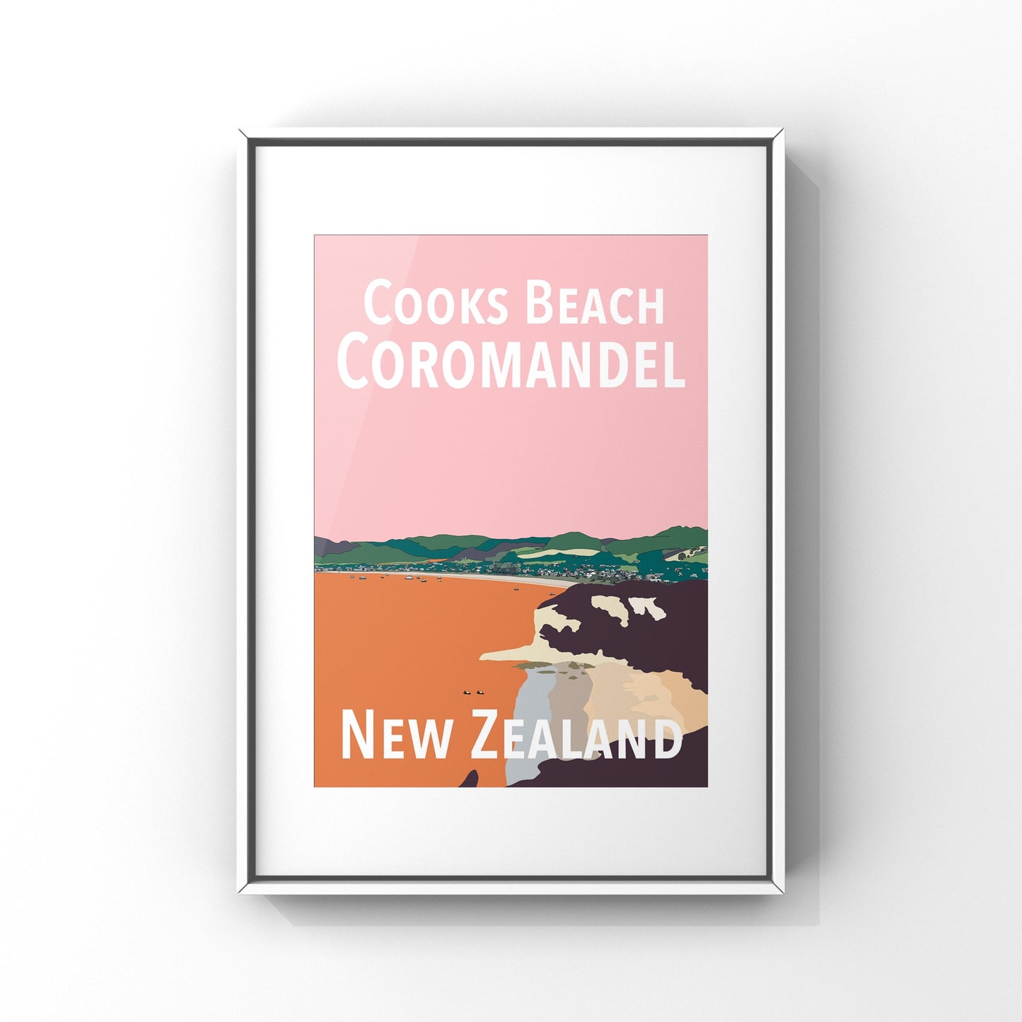 Cooks Beach Art Print - in Pink and Orange
