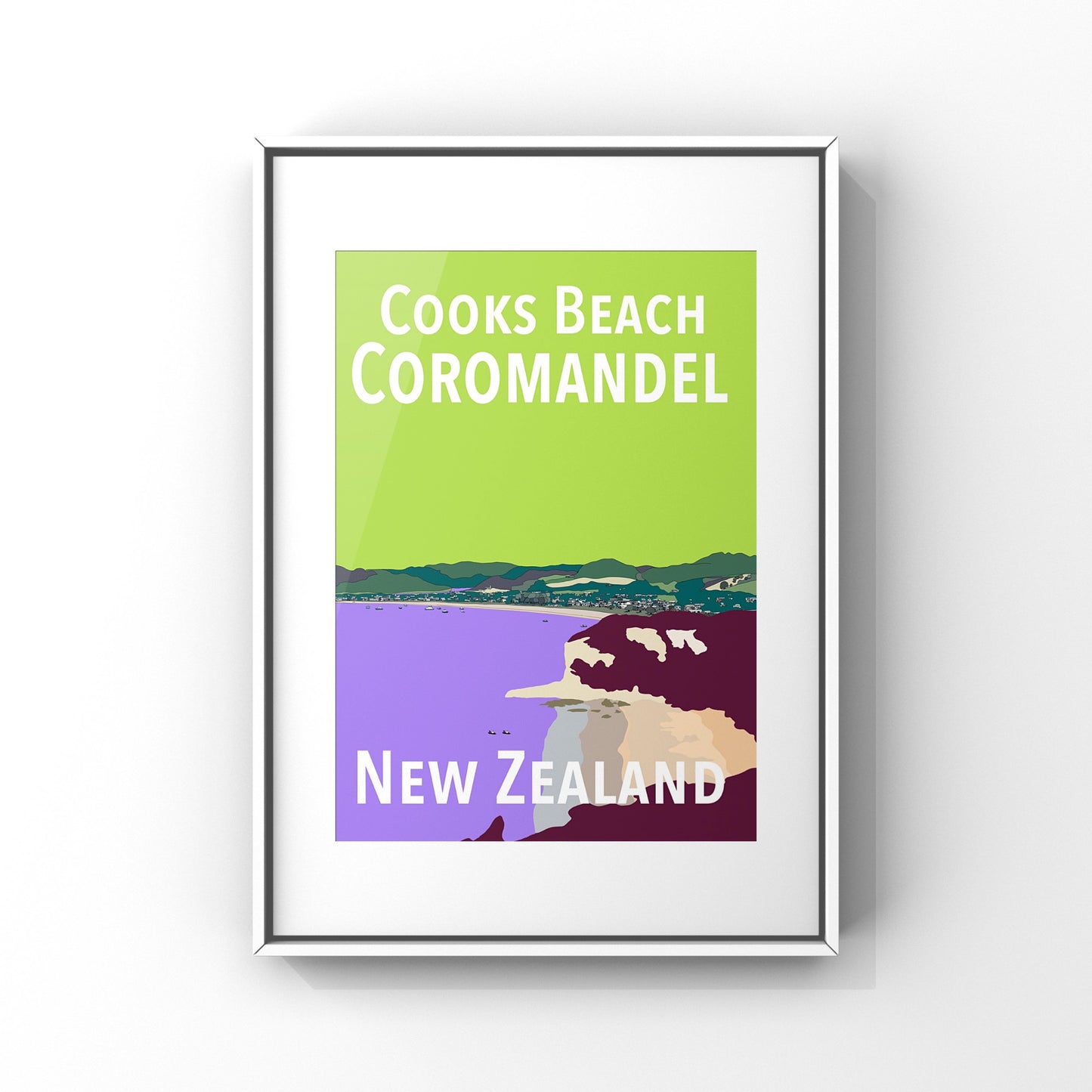 Cooks Beach Art Print - in Green and Purple