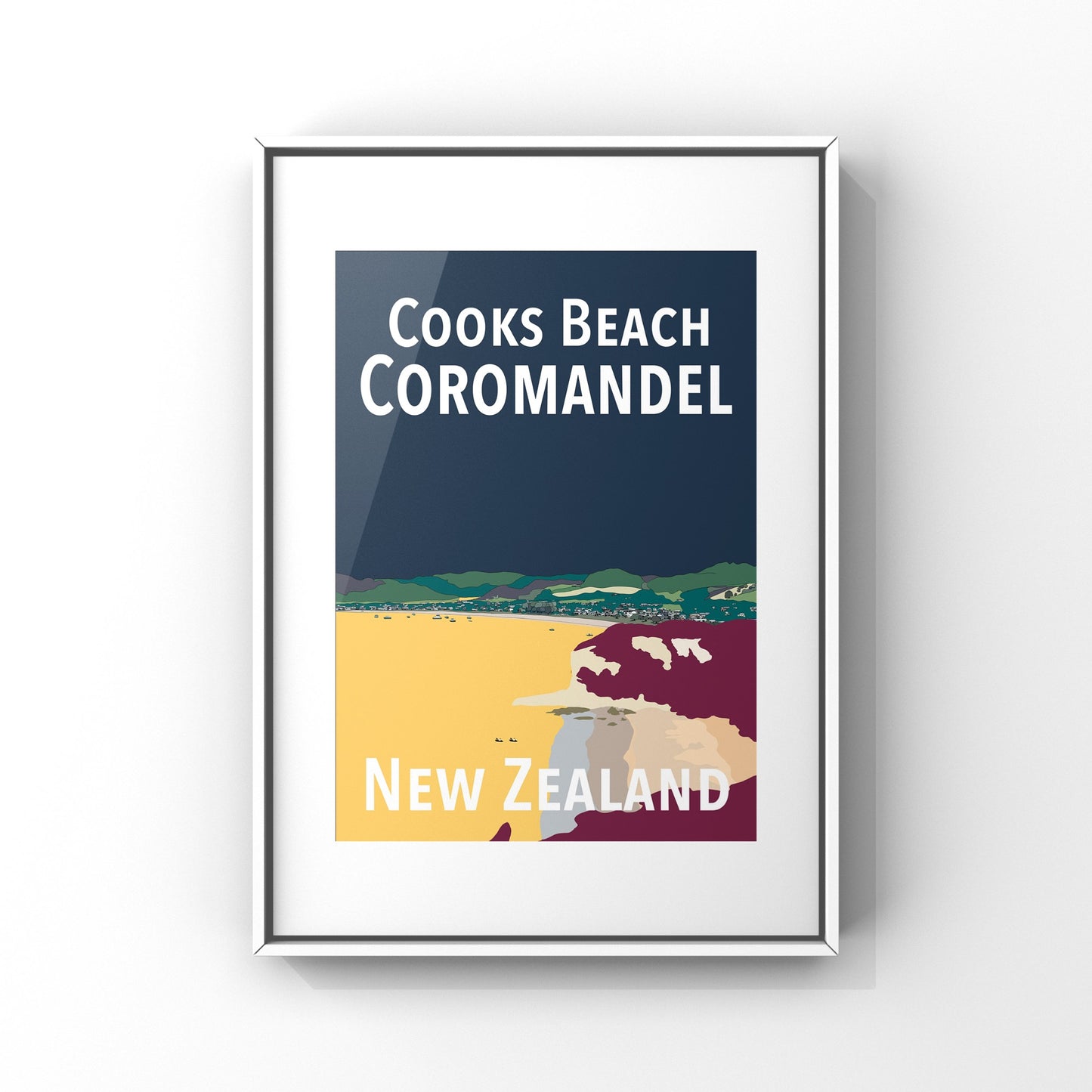 Cooks Beach Art Print - in Navy and Yellow