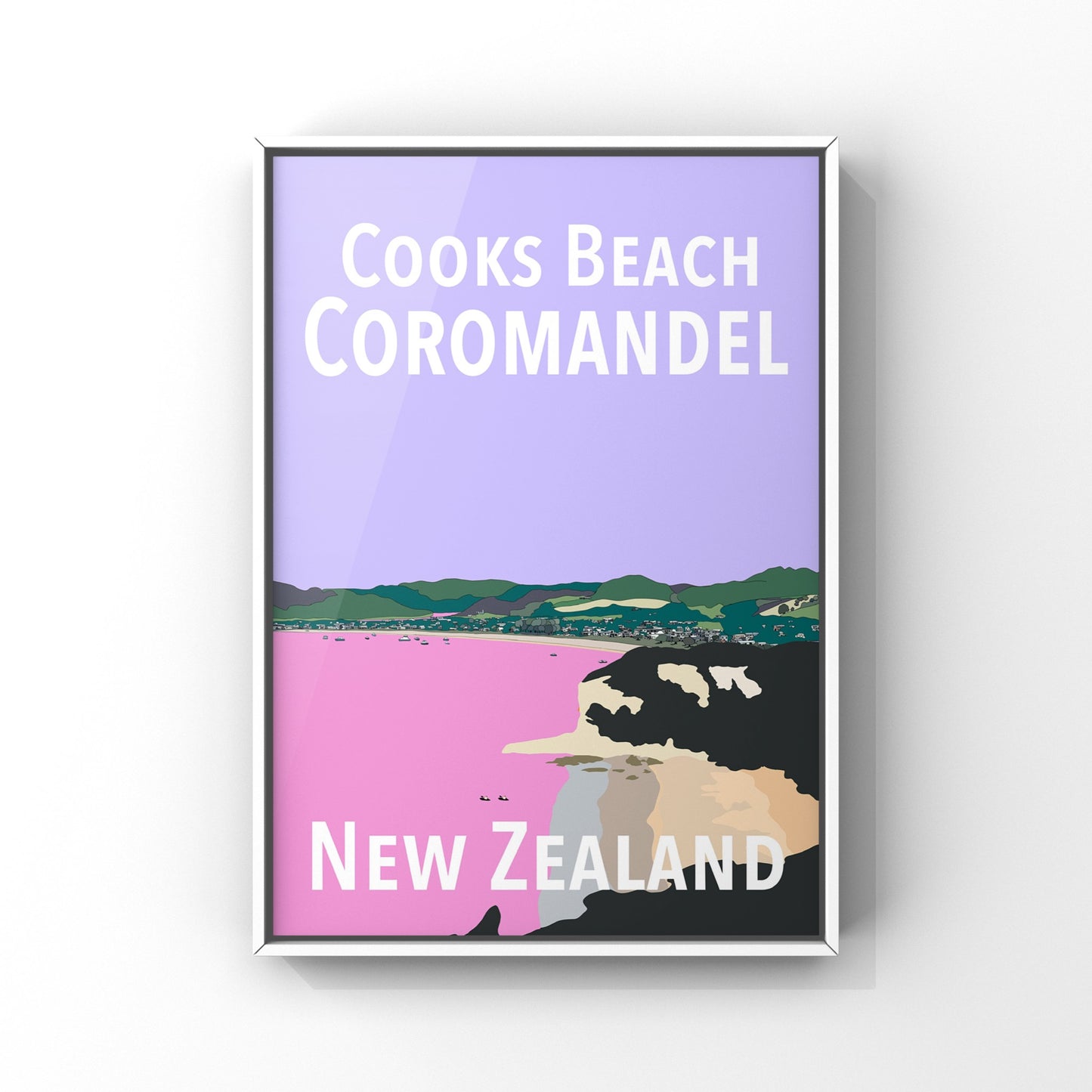 Cooks Beach Art Print - in Purple and Pink