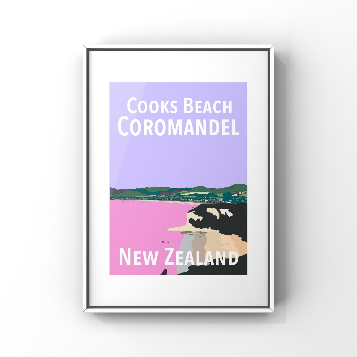 Cooks Beach Art Print - in Purple and Pink