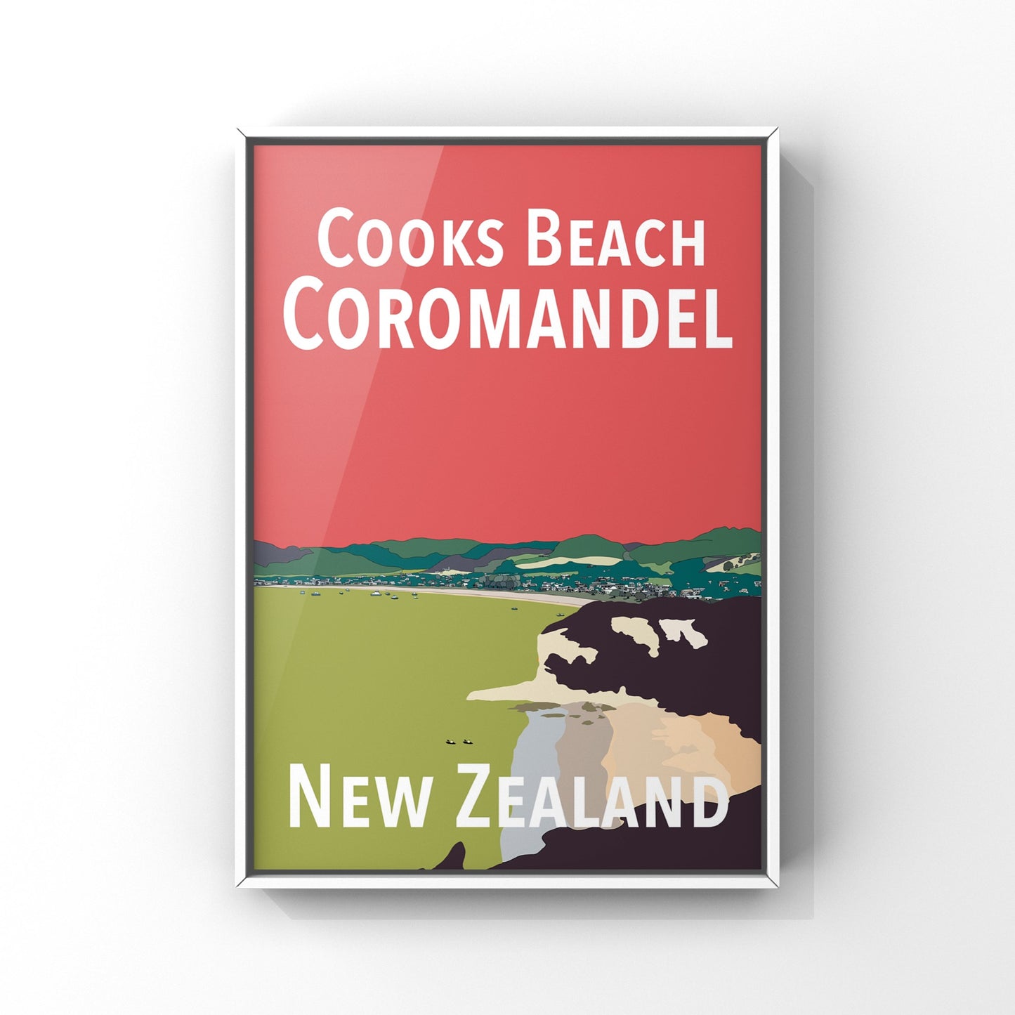 Cooks Beach Art Print - in Red and Green