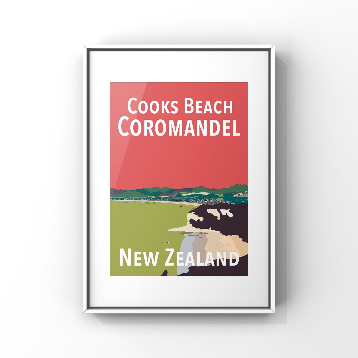 Cooks Beach Art Print - in Red and Green