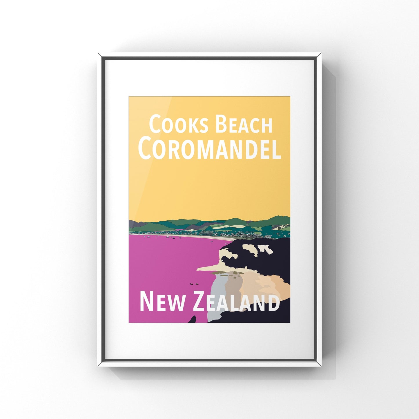 Cooks Beach Art Print - in Yellow and Pink