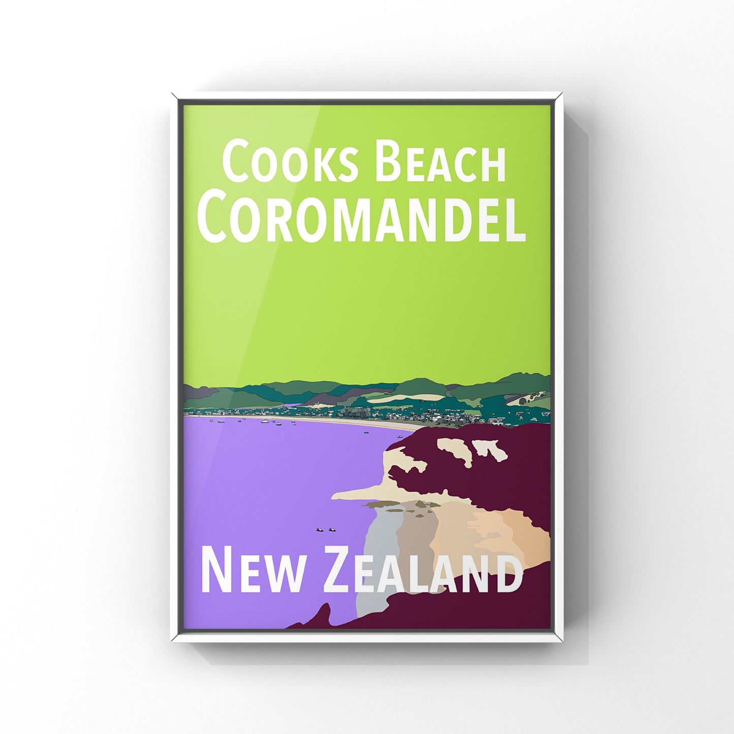 Cooks Beach Art Print - in Green and Purple