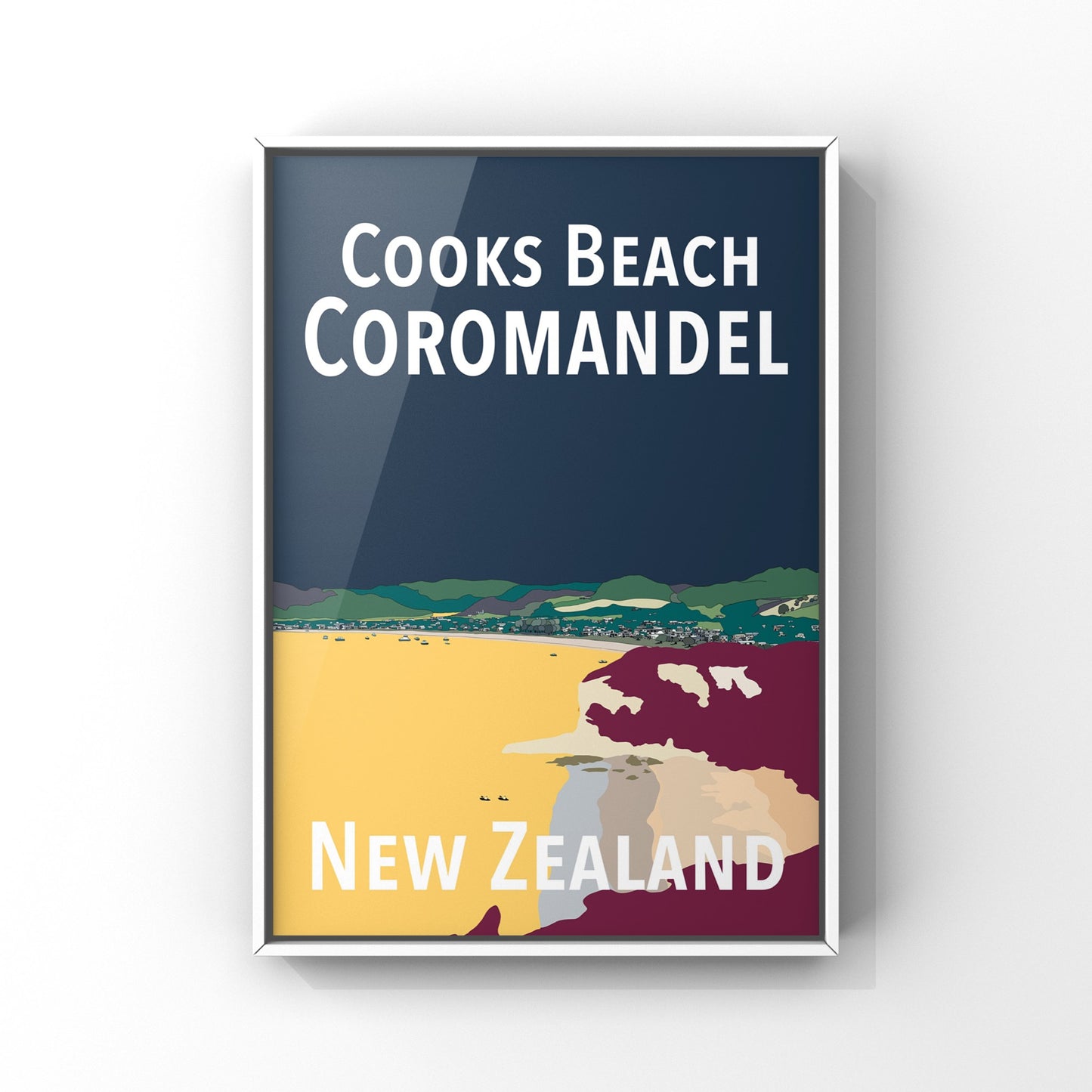 Cooks Beach Art Print - in Navy and Yellow