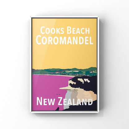 Cooks Beach Art Print - in Yellow and Pink