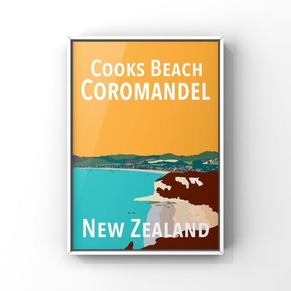 Cooks Beach Art Print - in Orange and Teal