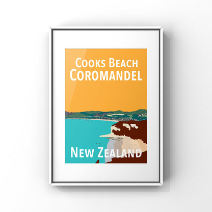 Cooks Beach Art Print - in Orange and Teal